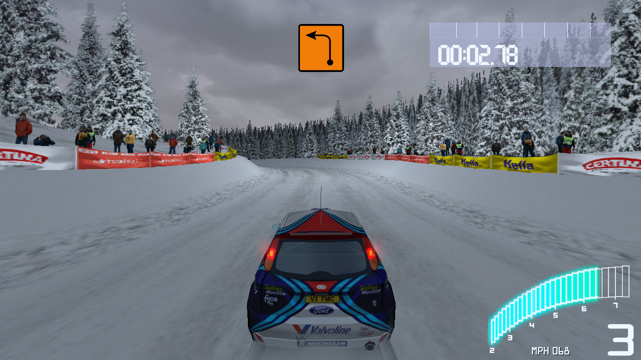 Colin McRae Rally 2.0 rodando em widescreen no PC — neve na Suécia com o Ford Focus