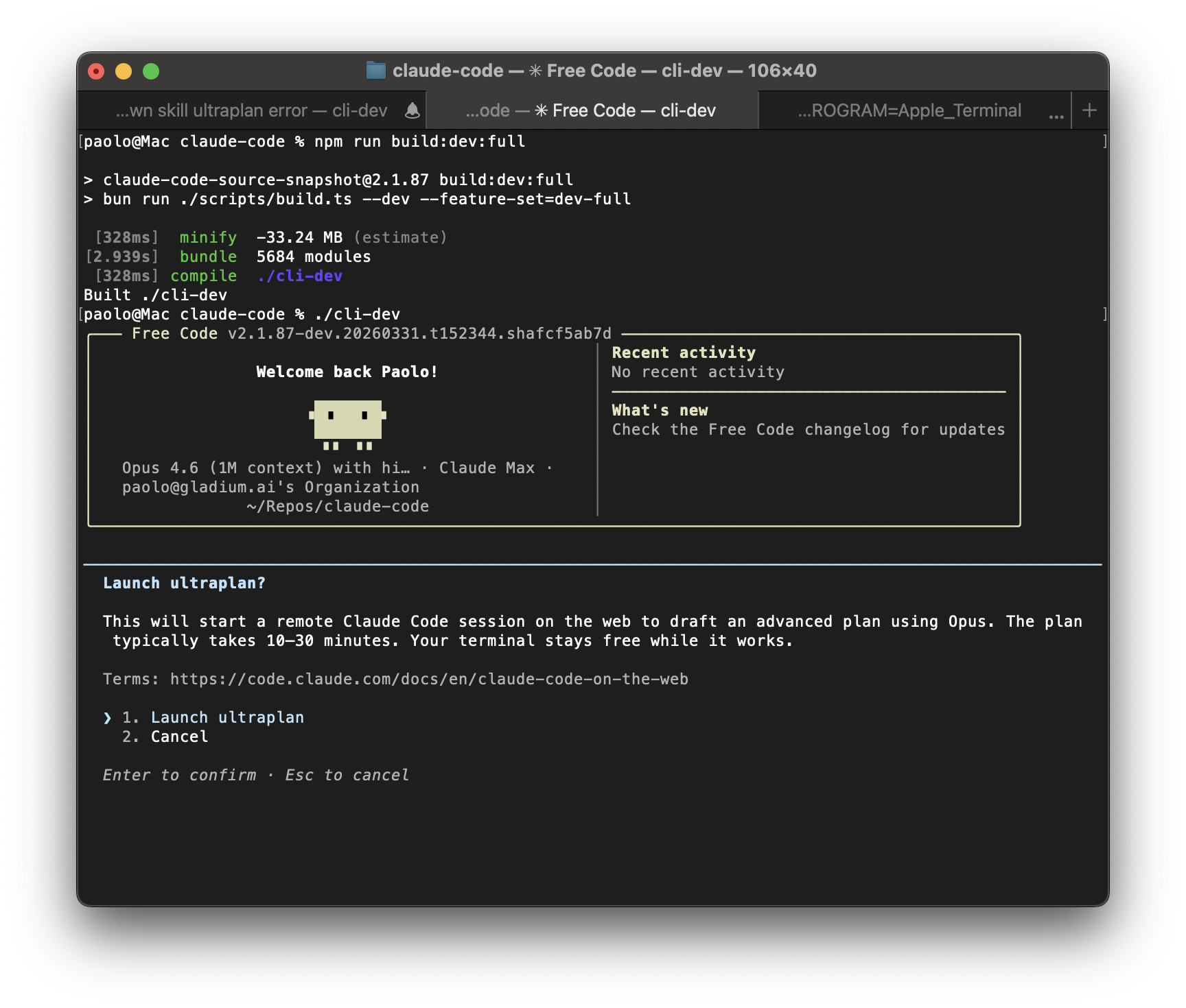 Screenshot do free-code rodando com features experimentais