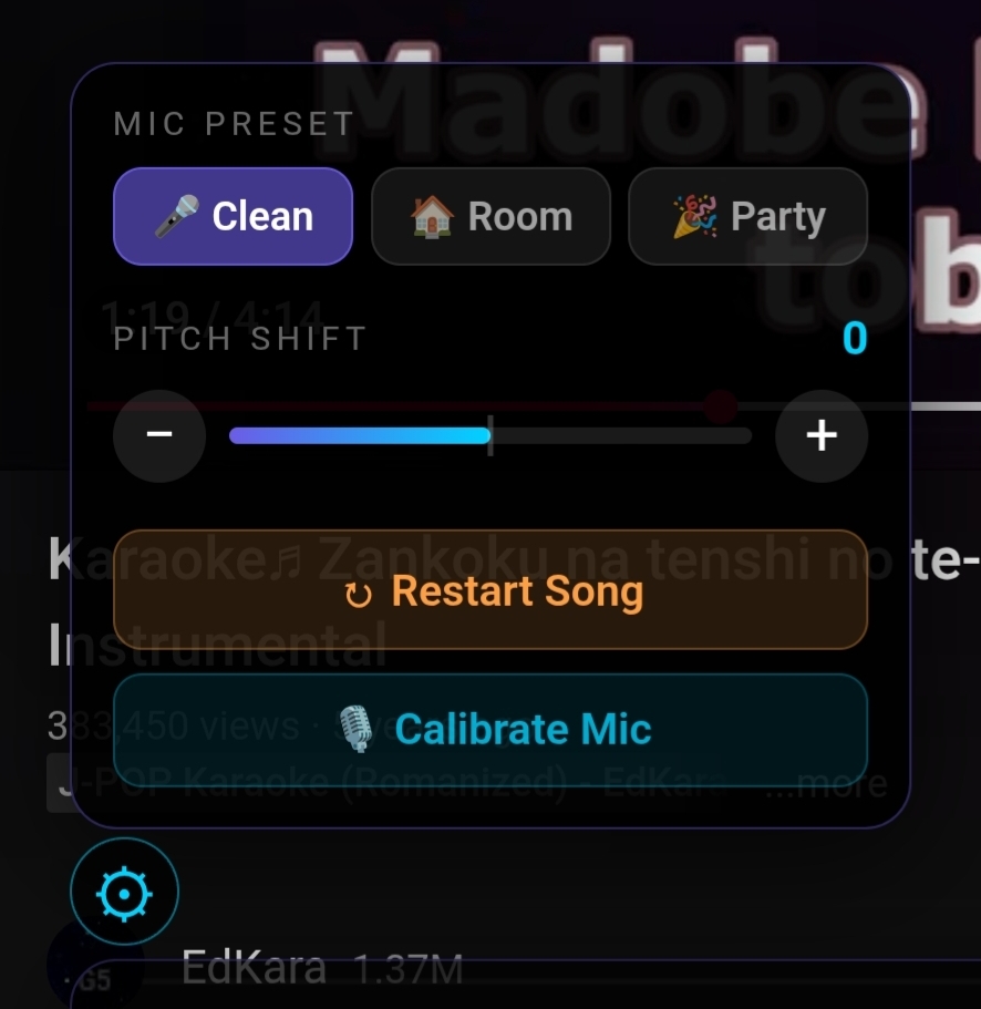 Painel de configurações: presets de microfone, pitch shift, calibração