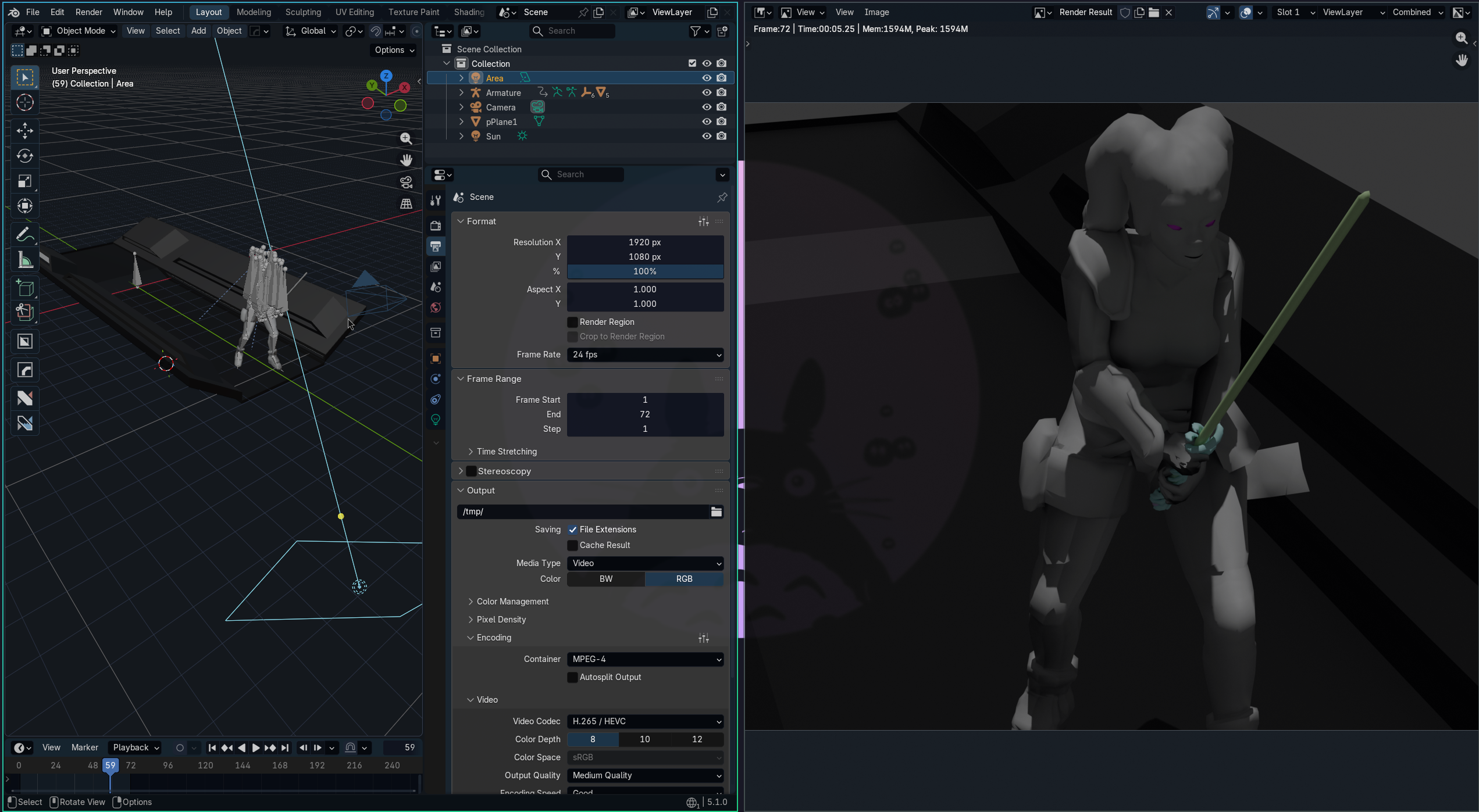 O modelo Darth Talon importado no Blender com câmera e iluminação configuradas pra render rápido no Cycles