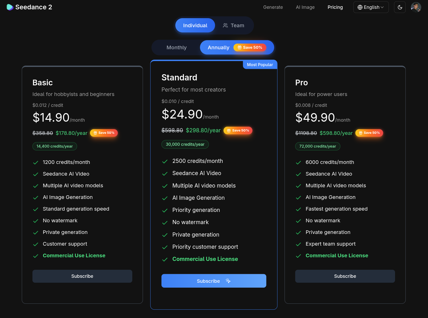 Tabela de preços do Seedance 2.0, com planos Standard até o tier mais alto e custos em crédito por segundo de geração