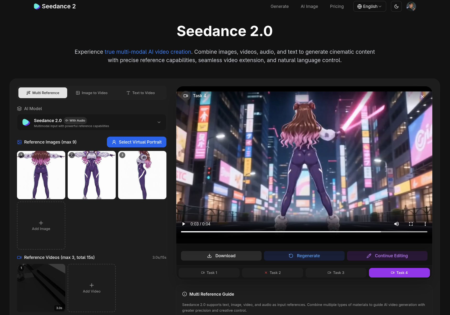 A interface do Photo Studio do Seedance 2.0, com painel de upload de referências e configuração de prompt