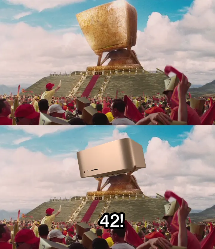 O Pensador Profundo do Guia do Mochileiro das Galáxias revelando a Resposta pra Vida, o Universo e Tudo Mais pra multidão que esperou milhões de anos: 42