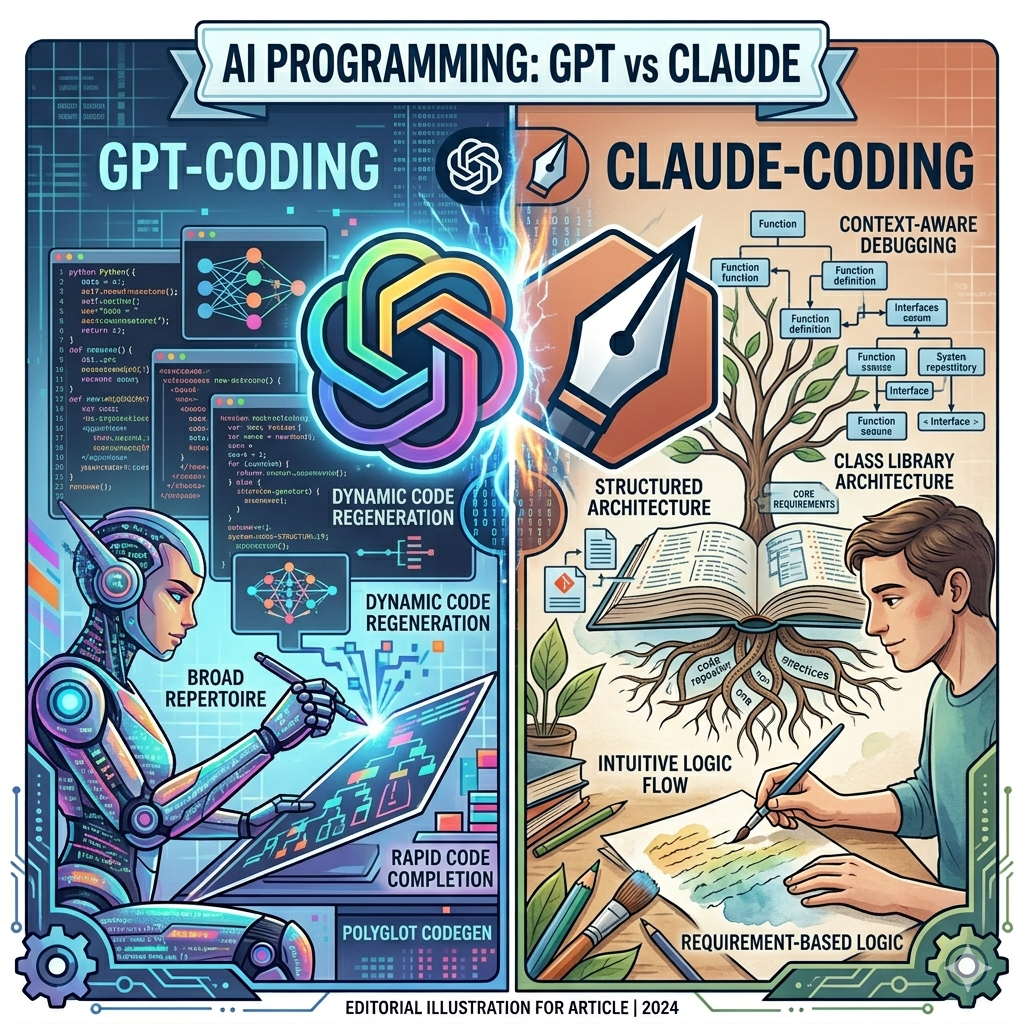 Ilustração editorial comparando GPT-coding e Claude-coding: de um lado um ambiente com geração rápida e repertório amplo, do outro uma arquitetura estruturada com árvore de conceitos e depuração contextual