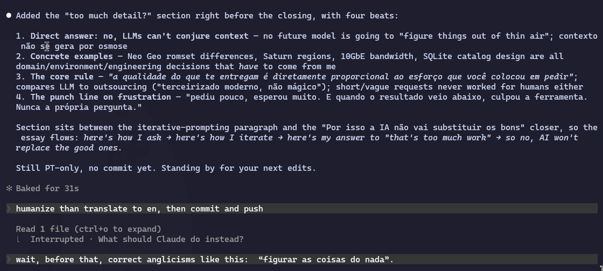 Captura de tela do momento em que eu já havia autorizado a tradução e o commit, mas interrompi antes pra pedir pra corrigir o anglicismo “figurar as coisas do nada” pra algo mais natural em português