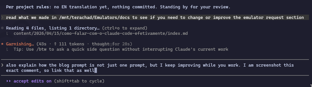 Captura de tela do prompt de acompanhamento pedindo pro Claude ler os docs reais da organização de ROMs e explicar também que o prompt do blog não é um só, é iterativo