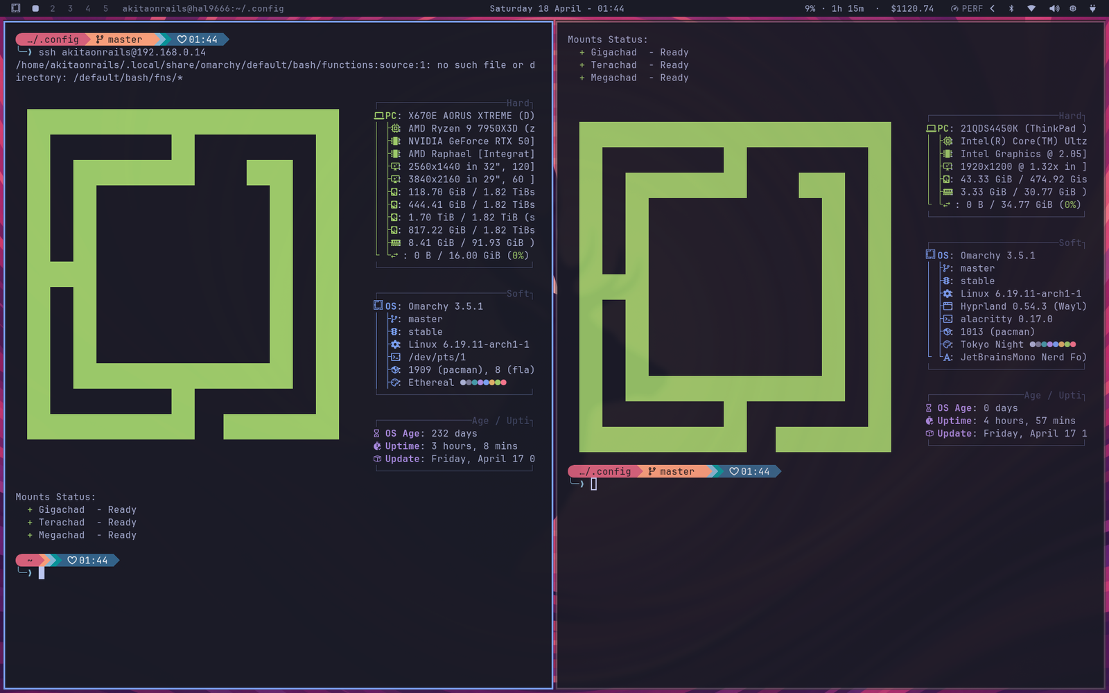 Hyprland com dois terminais lado a lado: à esquerda SSH pro desktop principal (96 GB, RTX 5090), à direita o próprio Thinkpad. Mesma UI, duas máquinas.