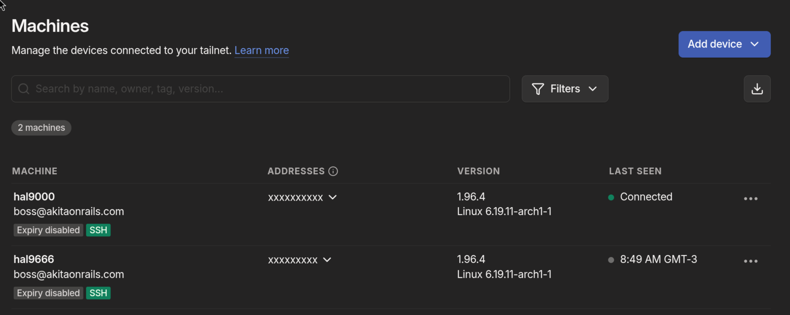 Painel admin da Tailscale mostrando as duas máquinas do meu tailnet, hal9000 (desktop) e hal9666 (thinkpad), ambas com SSH habilitado
