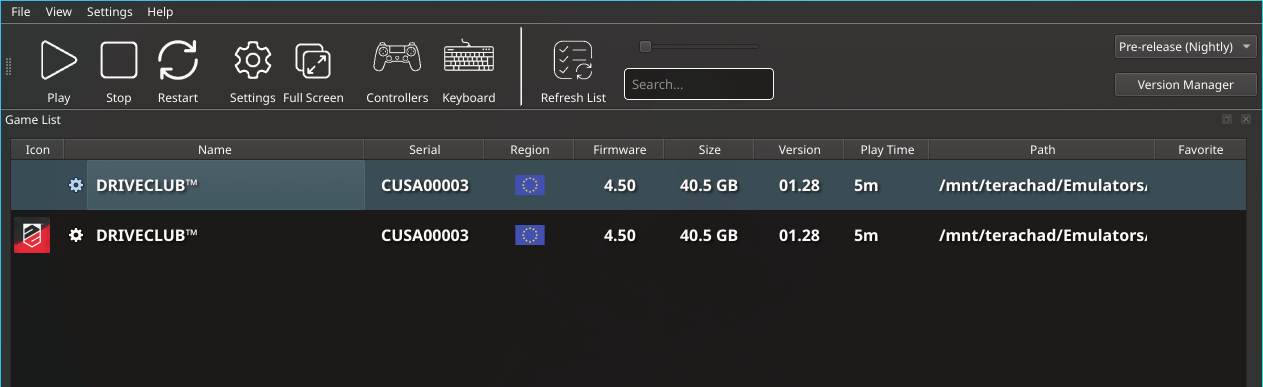 shadPS4 Qt Launcher mostrando DRIVECLUB CUSA00003 pronto pra rodar