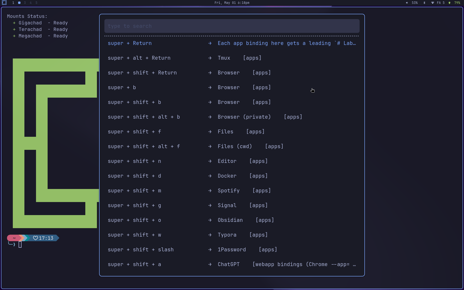 Cheat-sheet das aplicações fixadas: super+shift+space abre o rofi com cada app e o chord ao lado, parseado direto do sxhkdrc