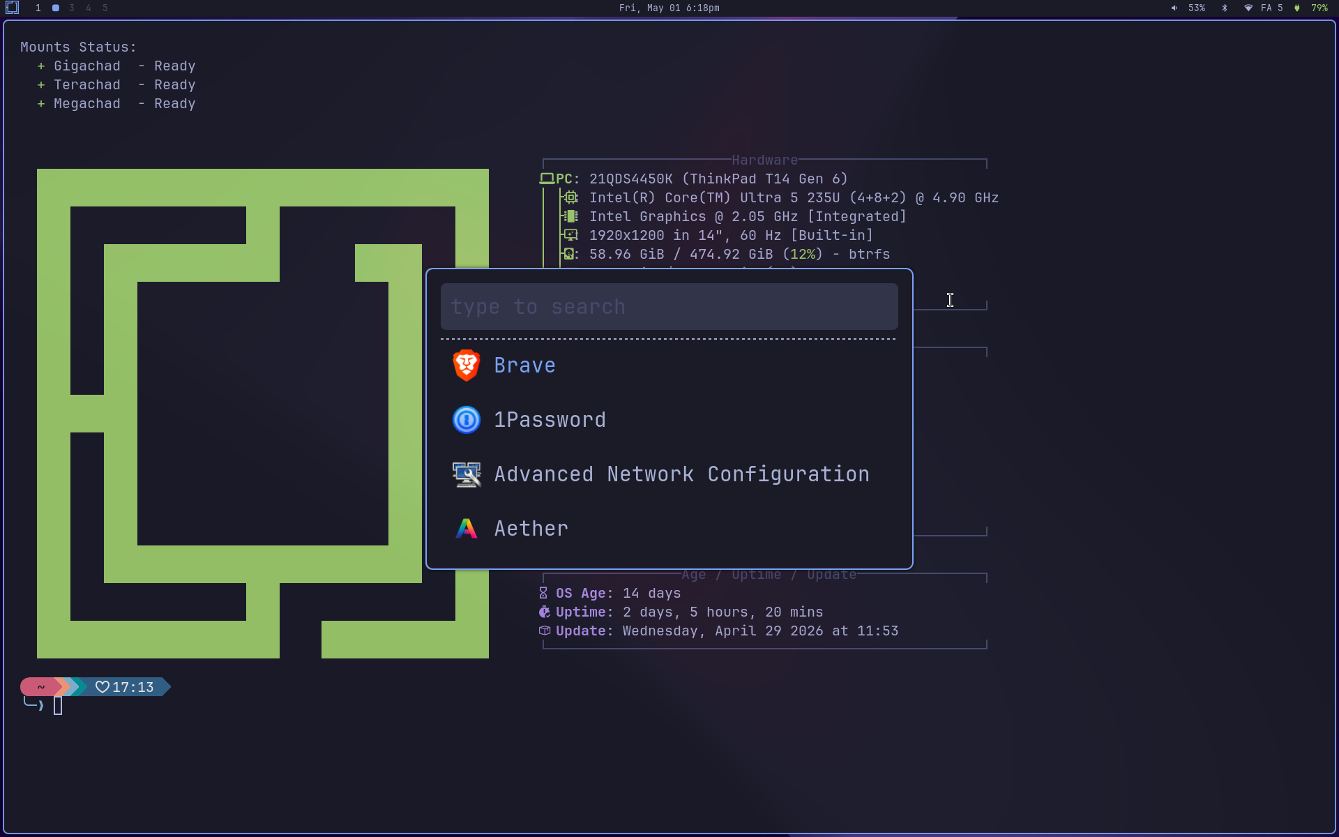 Launcher do NW-Omarchy: super+space abre rofi com todos os .desktop do sistema, ícones renderizados pelo tema Papirus