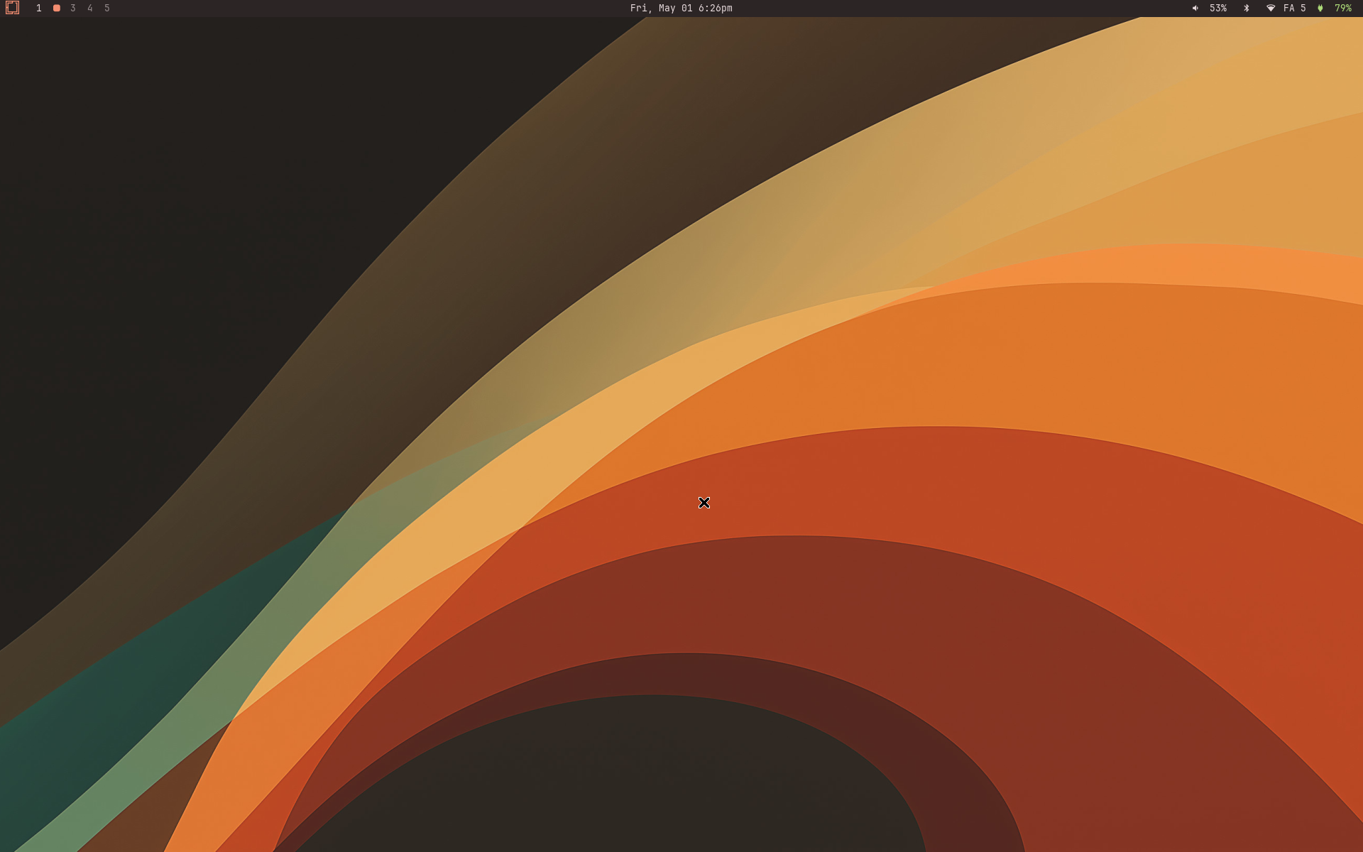 Tema Ristretto: paleta quente em curvas marrons no wallpaper, polybar e bspwm border seguindo a mesma paleta