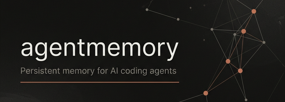 Banner do projeto agentmemory: “Persistent memory for AI coding agents” com selo de R@5 95.2% retrieval, 92% fewer tokens, 53 MCP tools, 12 auto hooks, 0 external DBs, 950+ tests passing.