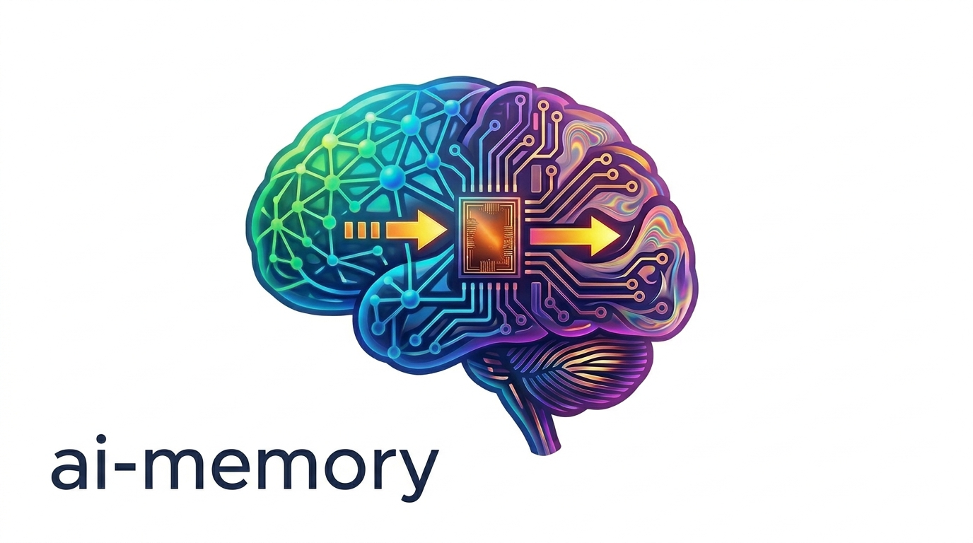 Logo do projeto ai-memory: pictograma circular com um chip estilizado abrindo “asas” tipo bibliotecas/páginas pra cada lado, ao lado do texto ai-memory em itálico.