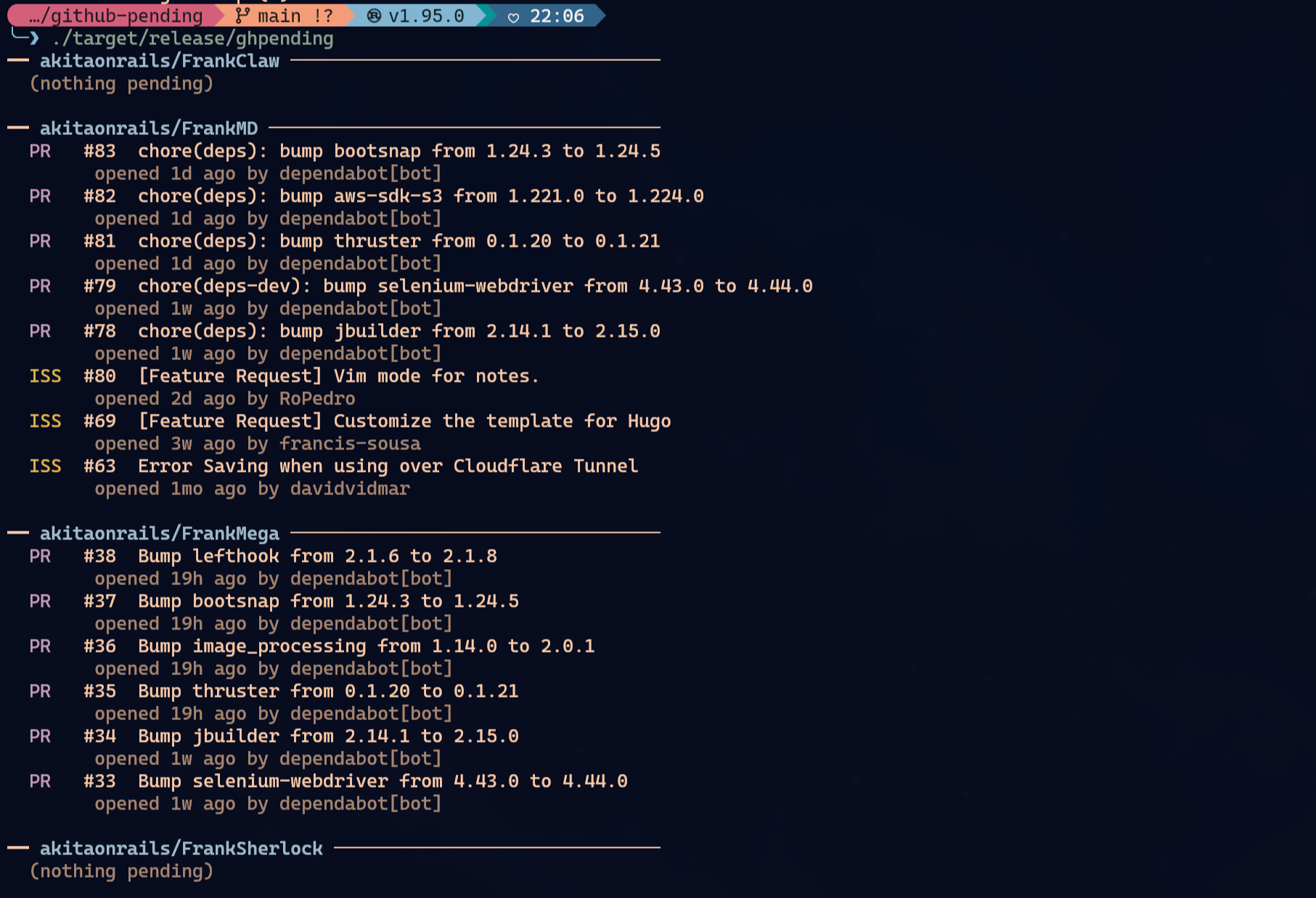 Saída do ghpending no terminal: tabela compacta listando cada repo monitorado com contagem de issues e pull requests abertos, autor da última atividade e há quanto tempo.