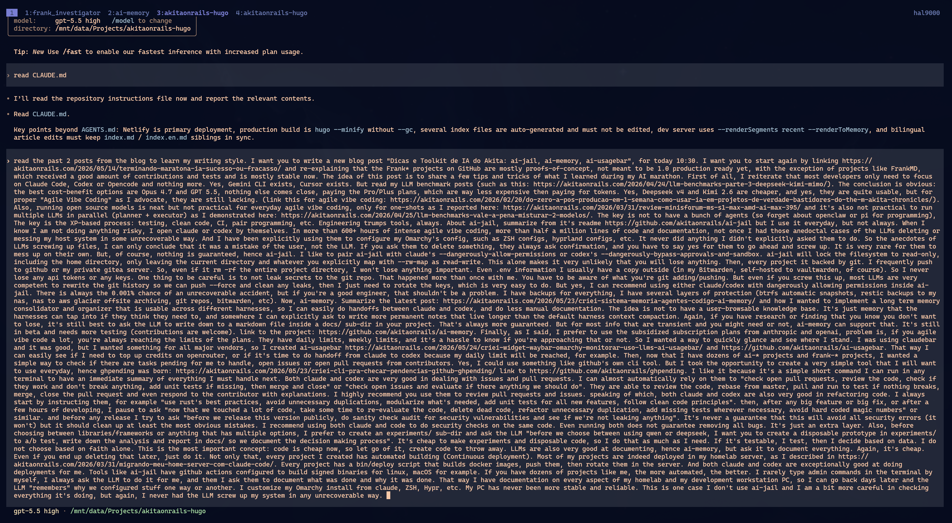 Terminal screenshot with the raw prompt used to write this post: a huge block of instructions, links, opinions, and technical details dumped into the agent before final editing.