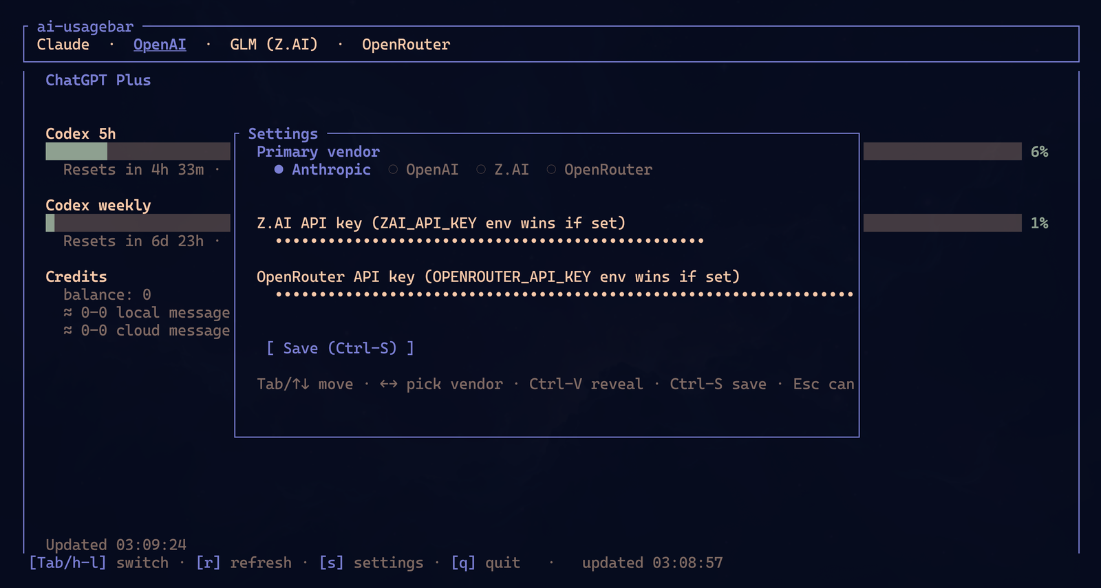Settings overlay floating over the TUI: primary-vendor radio (Anthropic selected), masked Z.AI API key (•••), masked OpenRouter API key (•••), Save button, key hints in the footer.