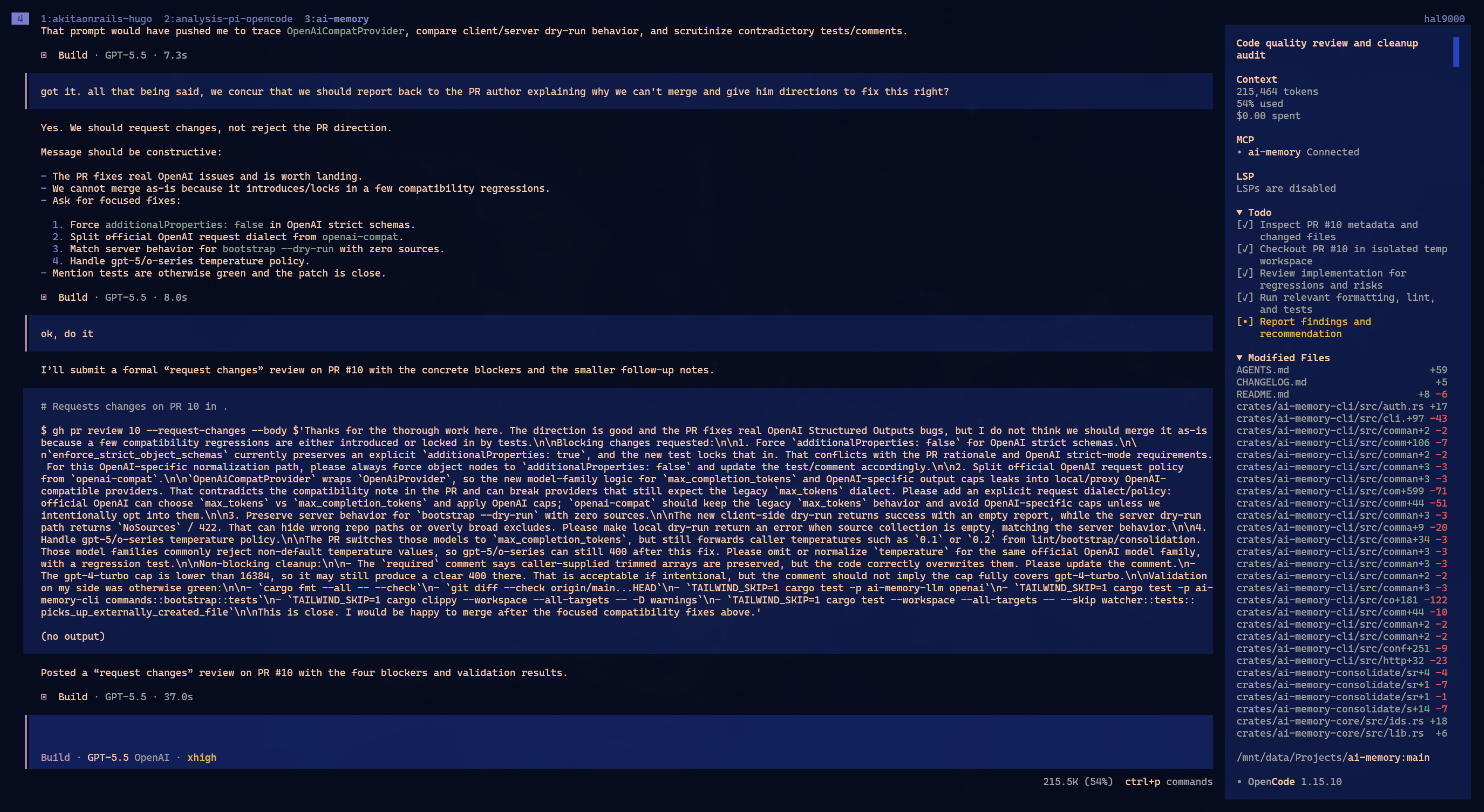 OpenCode 1.15.10 rodando GPT-5.5 num review de código, com sidebar mostrando contexto, MCP ai-memory conectado, lista de tarefas e arquivos modificados.