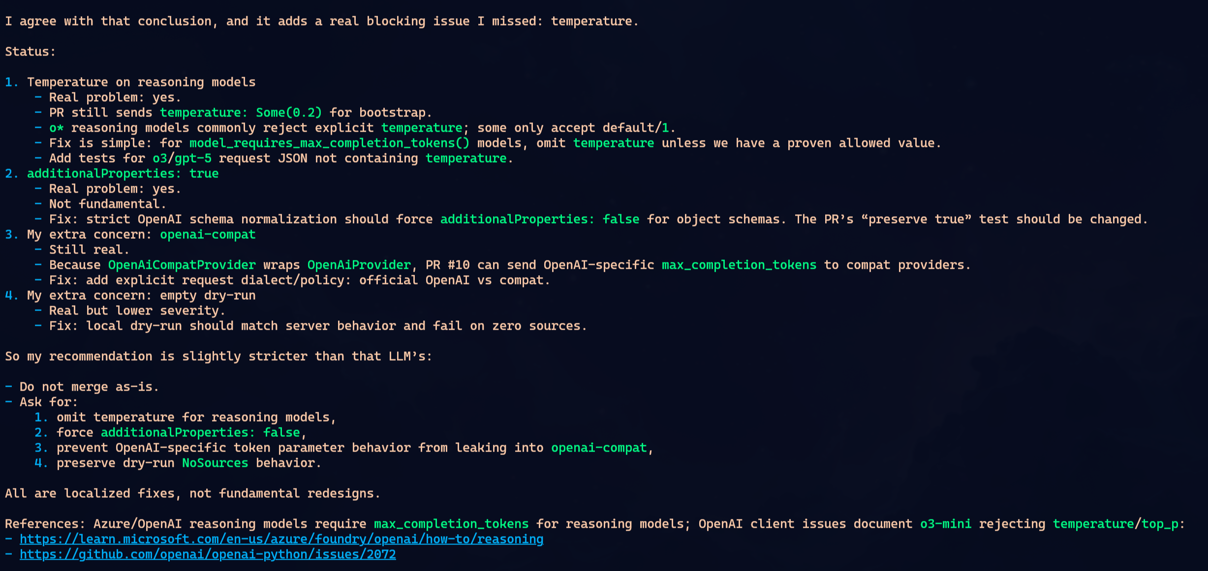 Claude Code com Opus 4.7 revisando o PR #10, listando problemas em temperatura, additionalProperties, vazamento de comportamento OpenAI para compat providers e dry-run vazio.