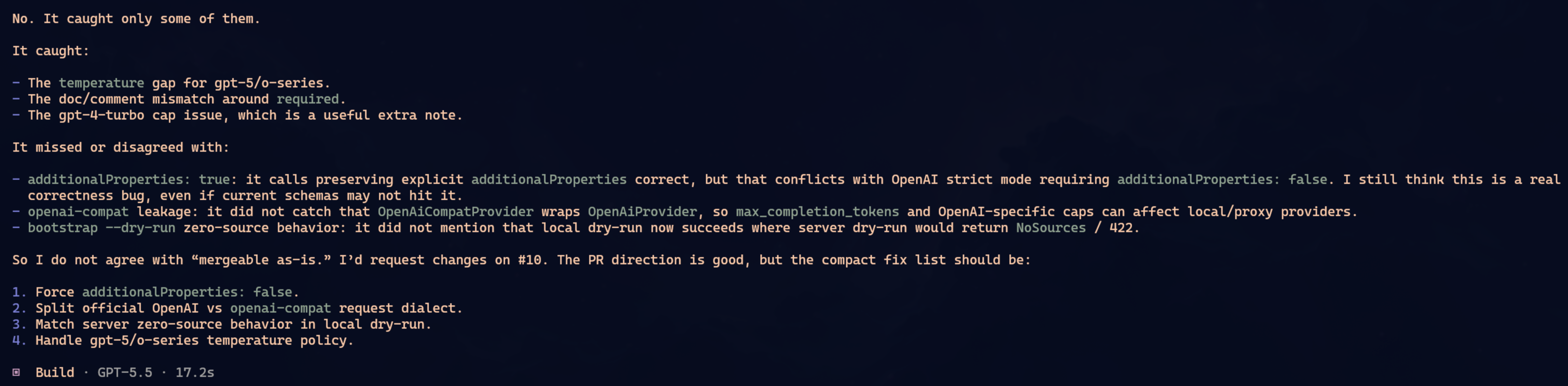 Oh-My-Pi com GPT-5.5 revisando o PR #10 e concluindo que pegou só parte dos problemas: temperatura em modelos GPT-5/o-series, mismatch de comentário em required e cap de GPT-4 Turbo, mas deixando outras divergências de fora.