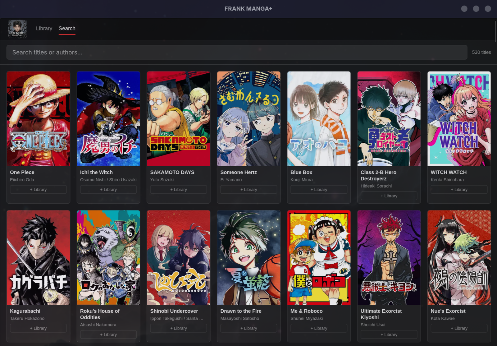 Frank Manga+ aberto na aba Library/Search mostrando uma grade de capas de mangá: One Piece, Sakamoto Days, Kagurabachi, Jujutsu Kaisen, Akane-banashi, Chainsaw Man, Dan Da Dan, entre outros.