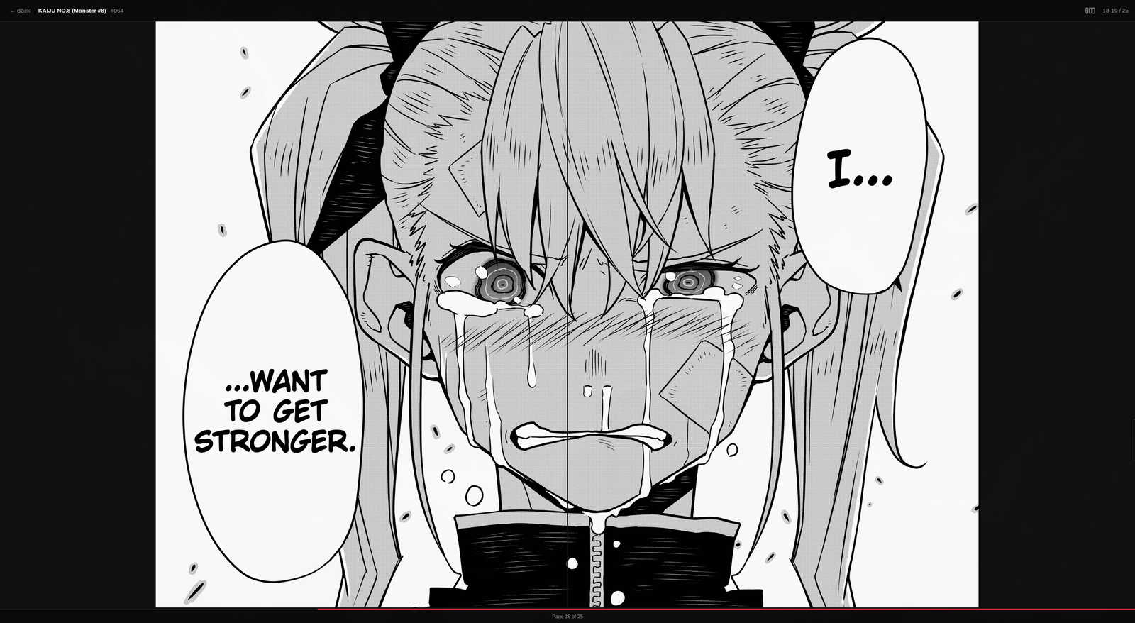 Frank Manga+ em modo página dupla num monitor widescreen: uma cena dramática em preto e branco preenche a tela inteira, com uma personagem de maria-chiquinha chorando e os balões “I….” e “…WANT TO GET STRONGER.”.
