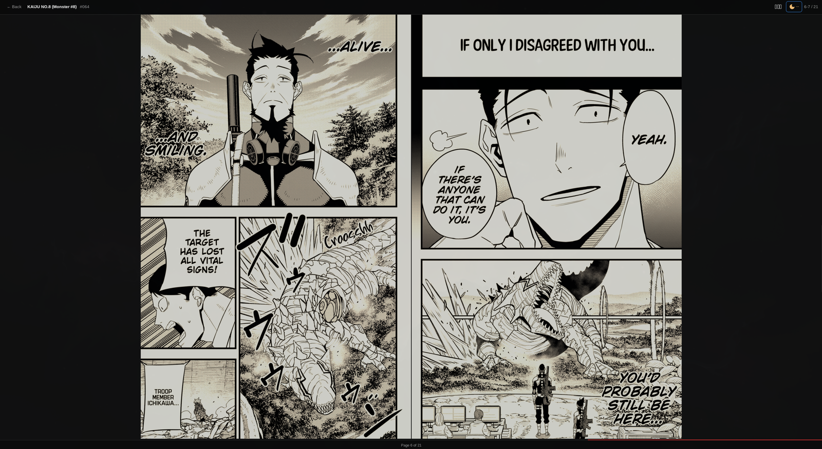 Frank Manga+ com o filtro de leitura noturna ativo: uma página dupla em preto e branco ganha um tom âmbar quente, com vários quadros e balões de diálogo em inglês.