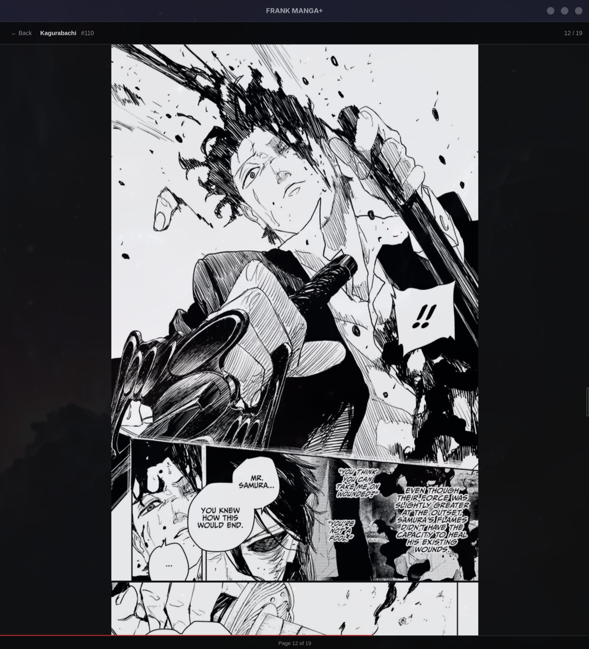 Leitor do Frank Manga+ mostrando página 12 de 19 do capítulo de Kagurabachi: cena dramática em preto e branco do Chihiro empunhando a espada, com indicador de página no topo e barra de progresso no rodapé.