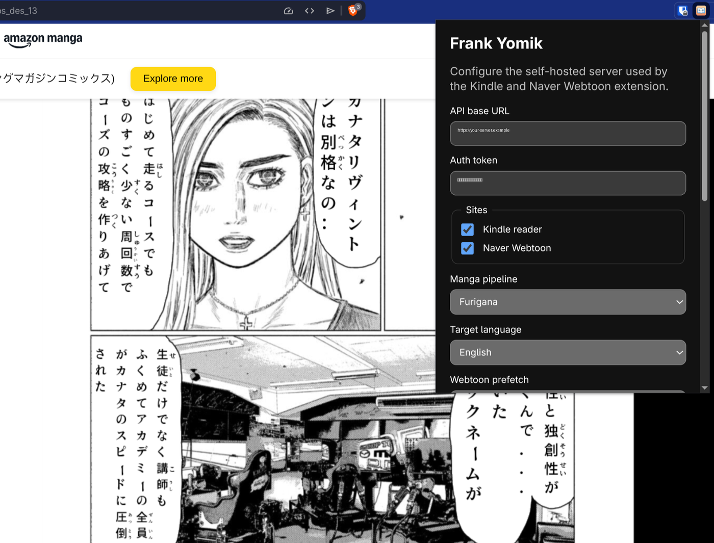 Popup do Frank Yomik aberto sobre uma página do Kindle Japan mostrando Initial D em japonês: campos pra API base URL, auth token, checkboxes pra Kindle reader e Naver Webtoon, dropdown de manga pipeline em Furigana, target language English, e bloco de webtoon prefetch.