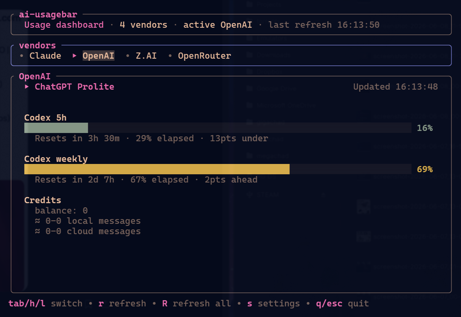 ai-usagebar in TUI mode showing an OpenAI usage dashboard, vendor tabs, limit gauges, and footer shortcuts.