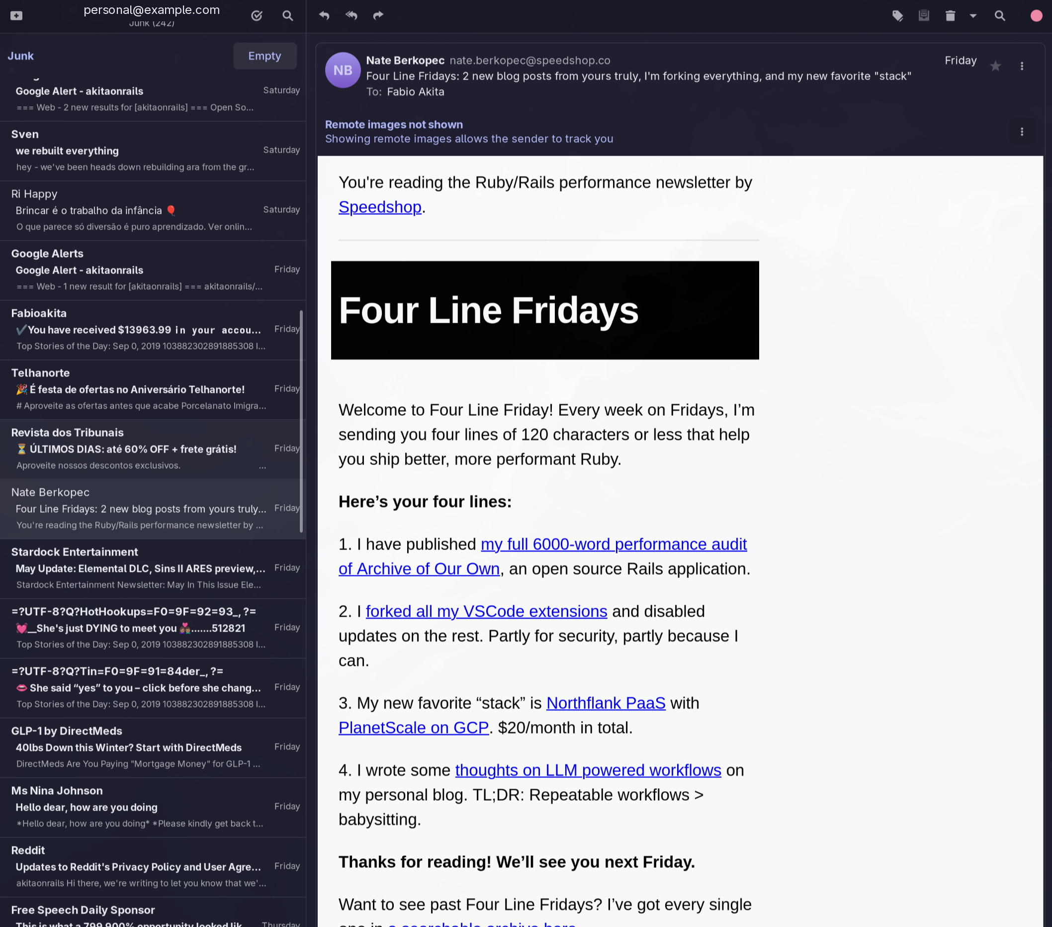Geary with the sidebar collapsed, showing the email list and message body in a more comfortable layout for a vertical screen.