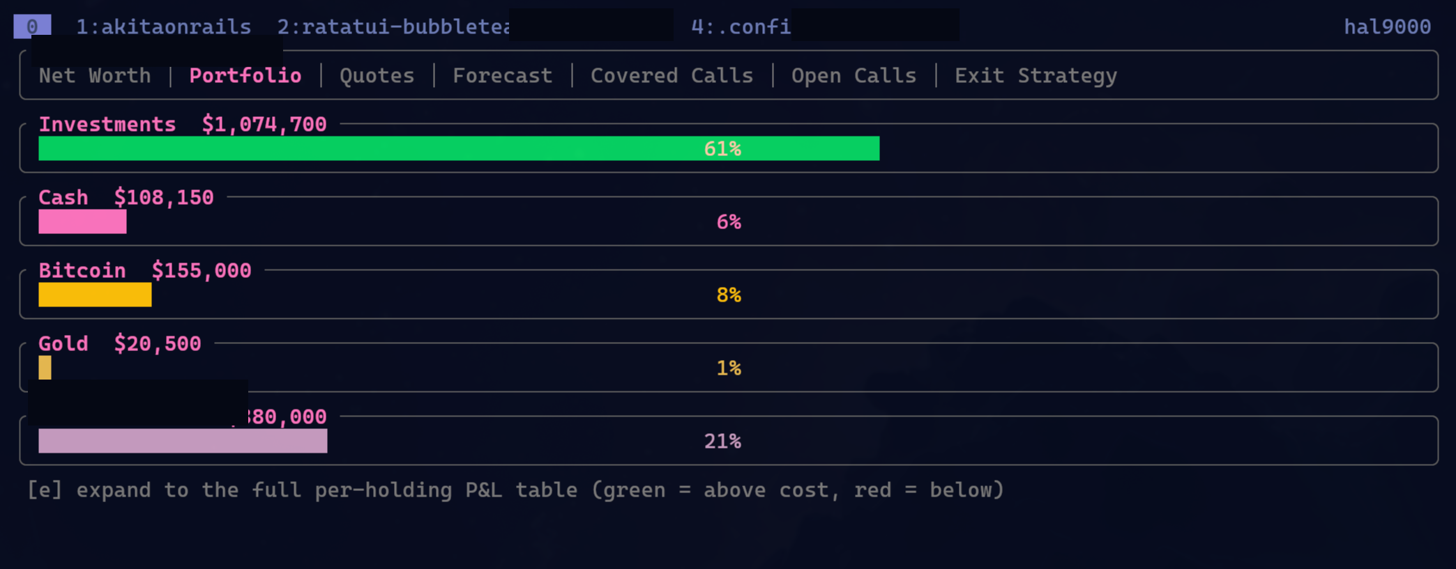 Private TUI showing an asset allocation view, with sensitive names censored.