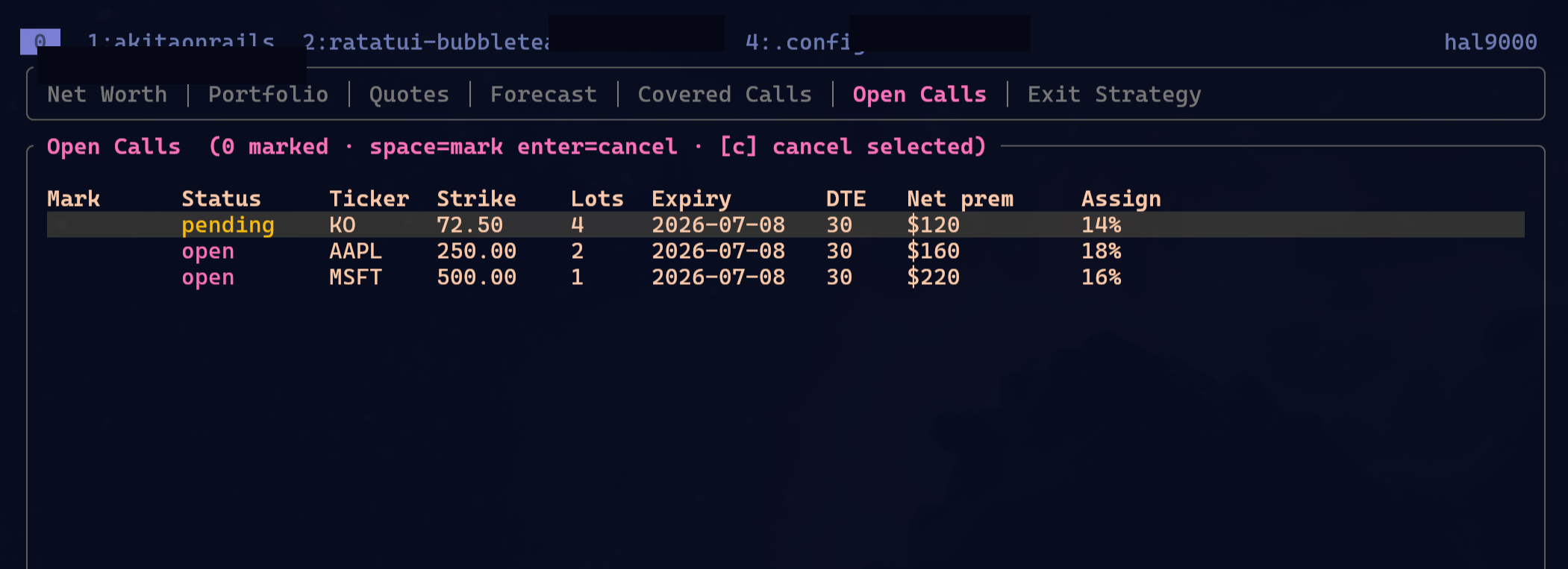 Private TUI showing an open calls tab with bogus demonstration data and sensitive names censored.
