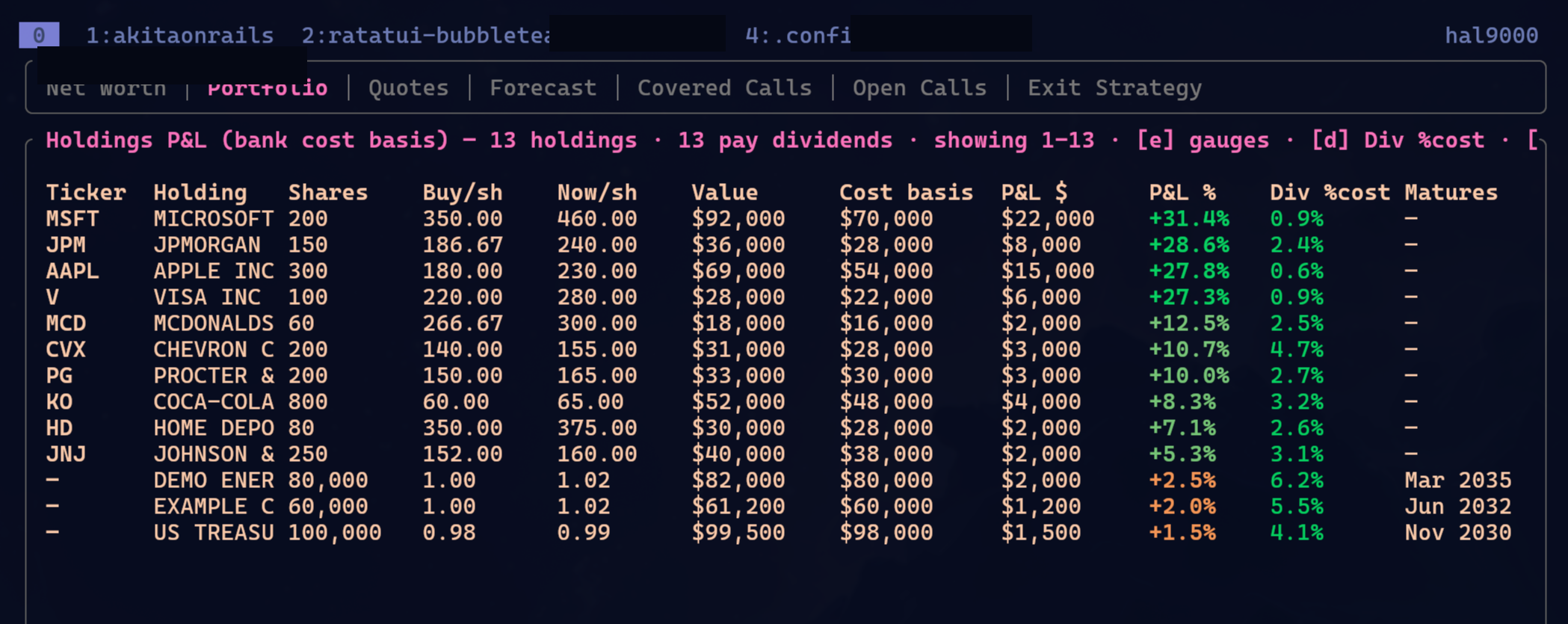 Private portfolio TUI in a terminal, with dashboard tabs and a holdings table. The bank name was censored.