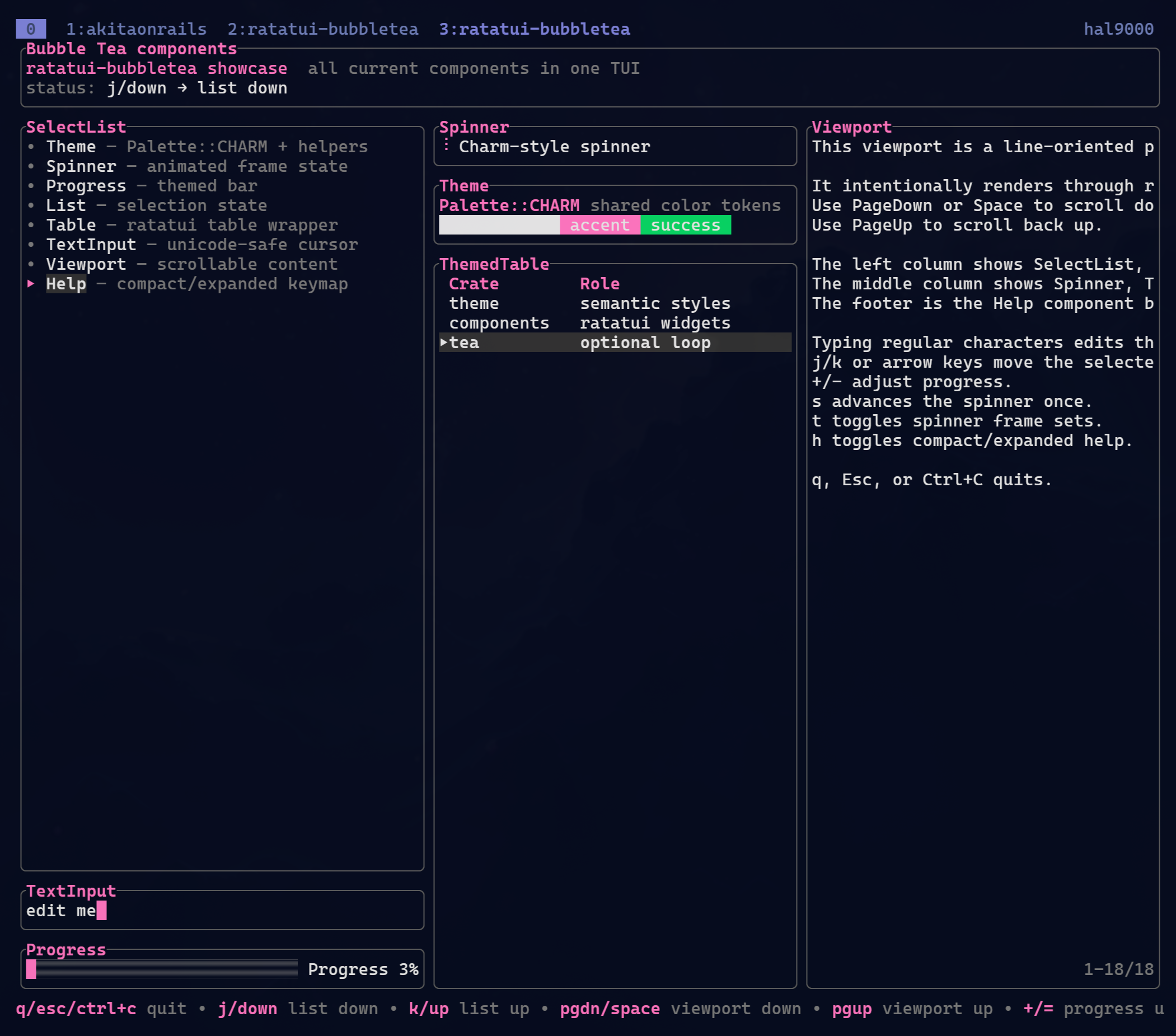 ratatui-bubbletea demo running in a terminal, with SelectList, Spinner, Theme, ThemedTable, TextInput, Progress, and Viewport in a Charm-like style.