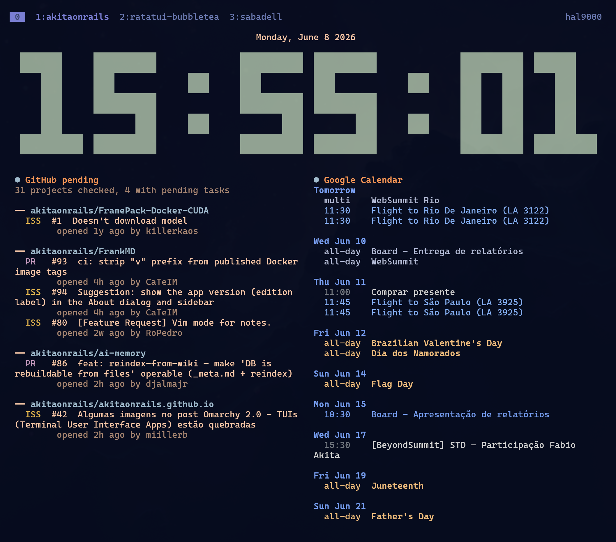 tclock on a vertical monitor, with a large clock, GitHub pending widget on the left, and Google Calendar agenda on the right.