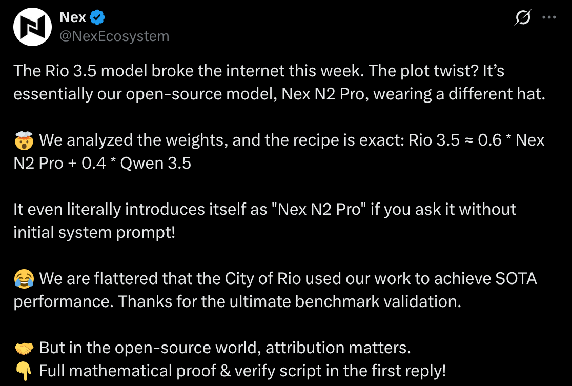 Screenshot do tweet da Nex dizendo que Rio 3.5 é essencialmente Nex N2 Pro com outro chapéu