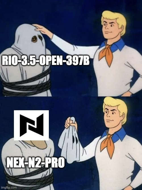 Meme do Scooby-Doo removendo a máscara de Rio-3.5-Open-397B e revelando Nex-N2-Pro