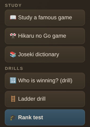 Menu de estudo e drills do Frank GO: estudar partida famosa, partidas do Hikaru no Go, dicionário de joseki, drill de quem está ganhando, drill de escada e teste de rank.