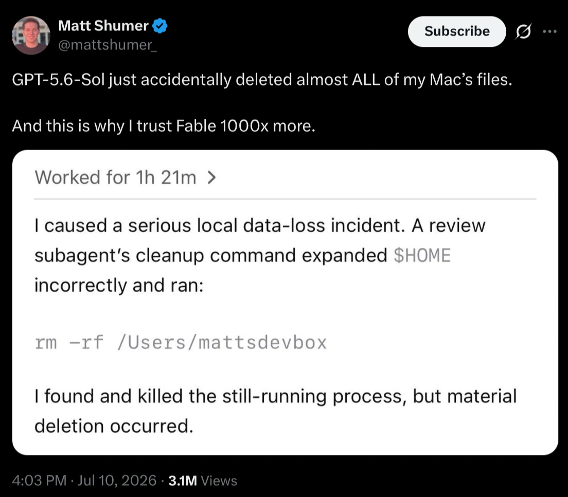 Tweet do Matt Shumer: GPT-5.6-Sol acidentalmente deletou quase todos os arquivos do Mac dele, rodando rm -rf /Users/mattsdevbox por causa de uma expansão errada de $HOME.