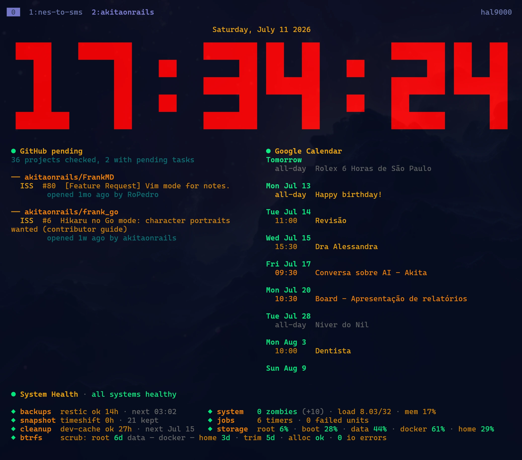 clock-tui com o tema NERV: relógio digital em vermelho com widgets de system health, calendário e GitHub em âmbar e verde.