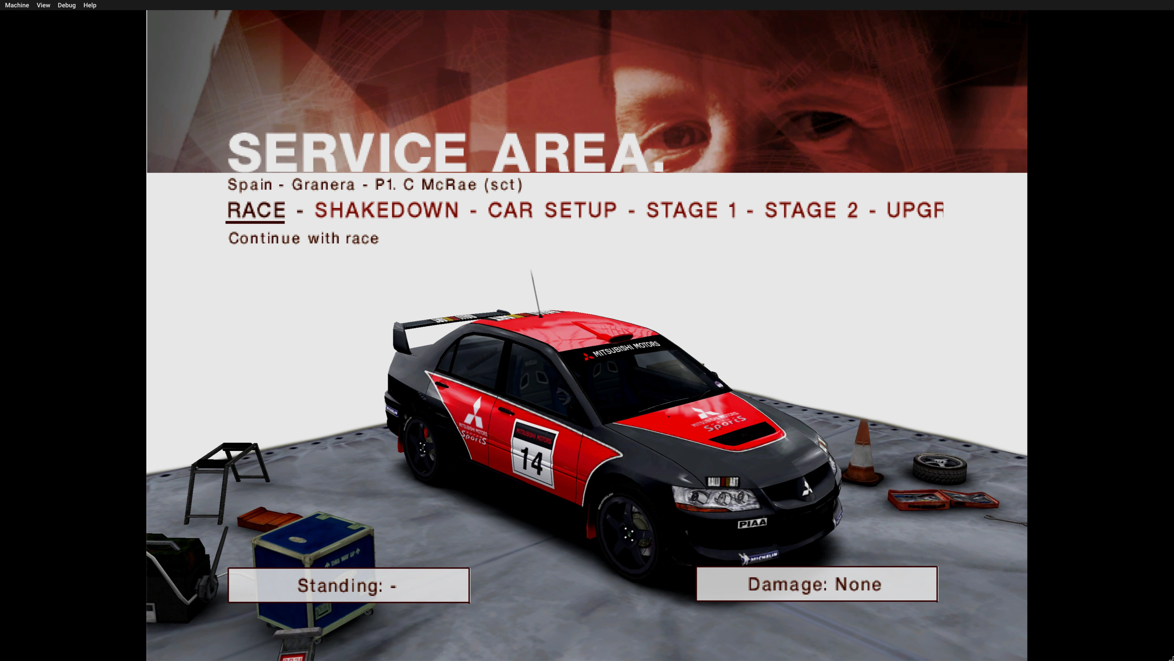 Colin McRae Rally 04 rodando na box de gaming: a tela de Service Area com o Mitsubishi Lancer Evolution antes da próxima especial.