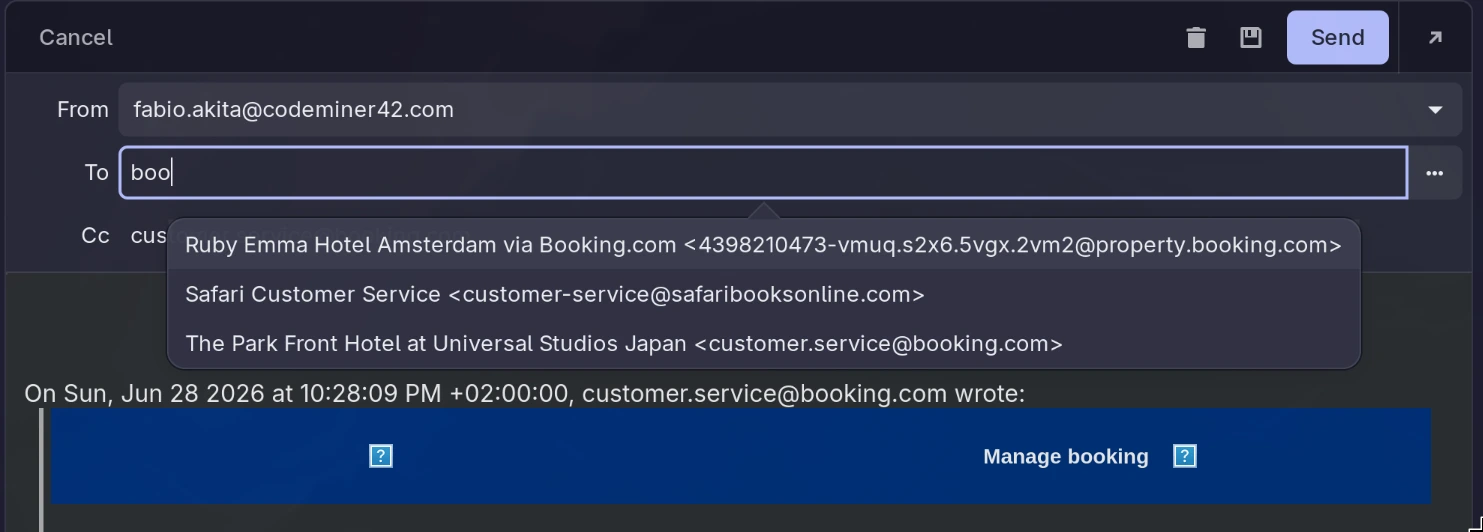 Popup de autocomplete de destinatário no compositor do Frank Geary, sugerindo contatos conforme você digita.