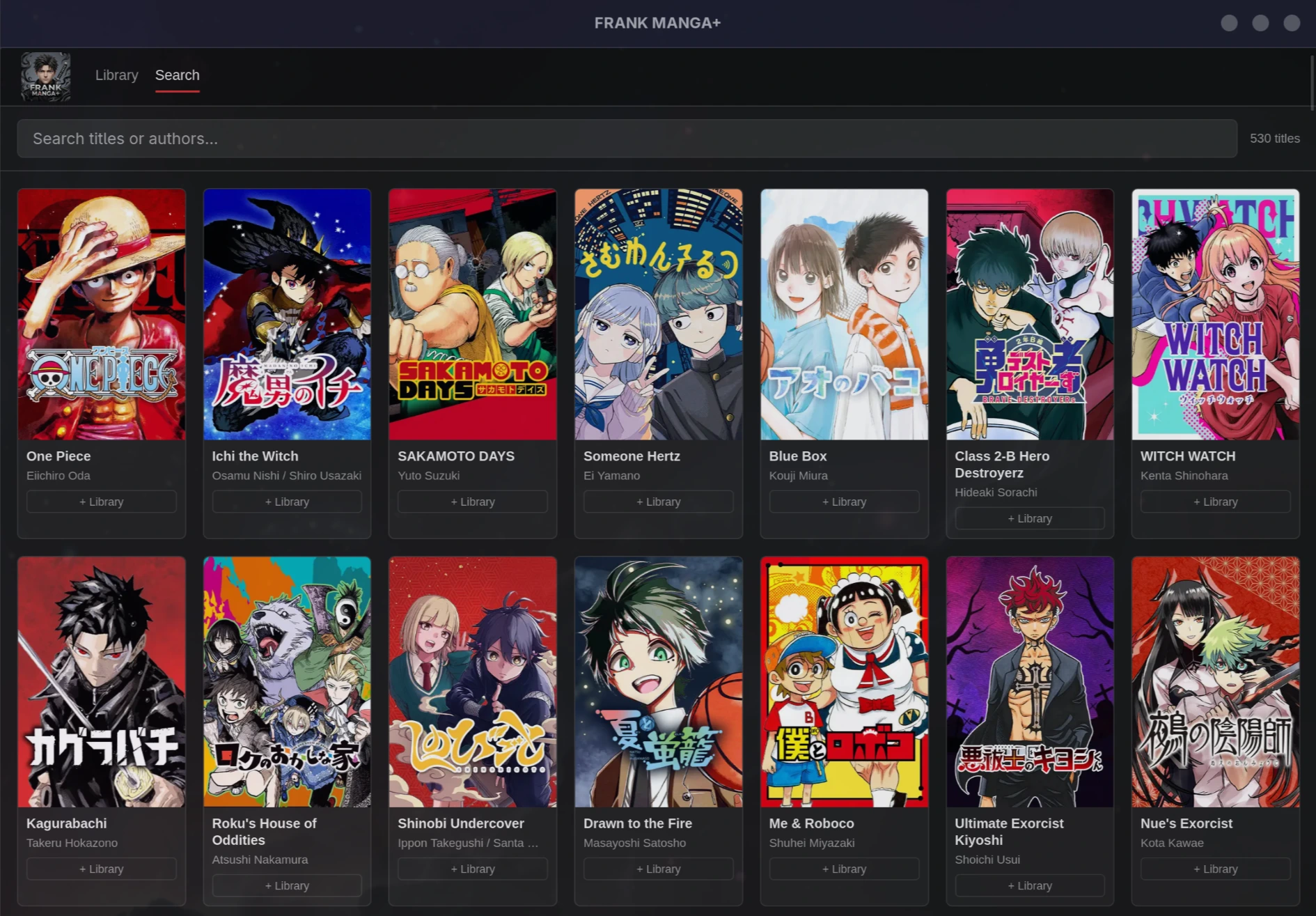 Biblioteca do FRANK MANGA+ no desktop: grade de capas dos mangás da Shueisha com busca no catálogo completo.