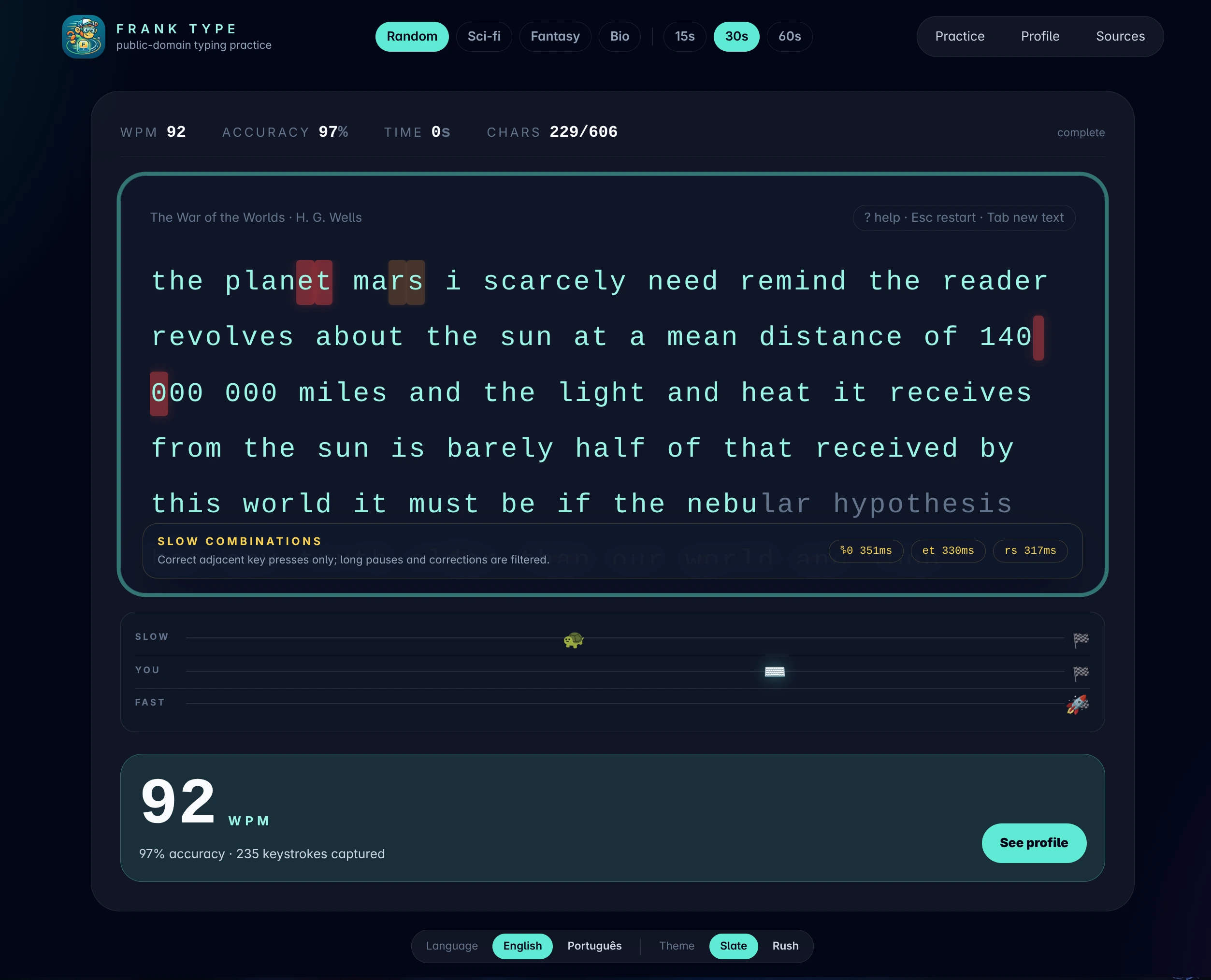 Tela de prática do Frank Type: texto de domínio público pra digitar, com estatísticas e heat map de dígrafos, na estética do MonkeyType.