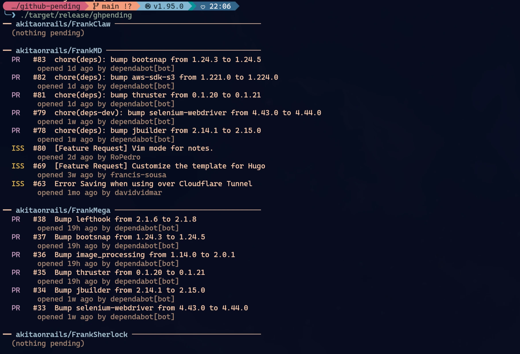 Widget do ghpending mostrando pull requests e issues abertos em vários repositórios de uma vez.