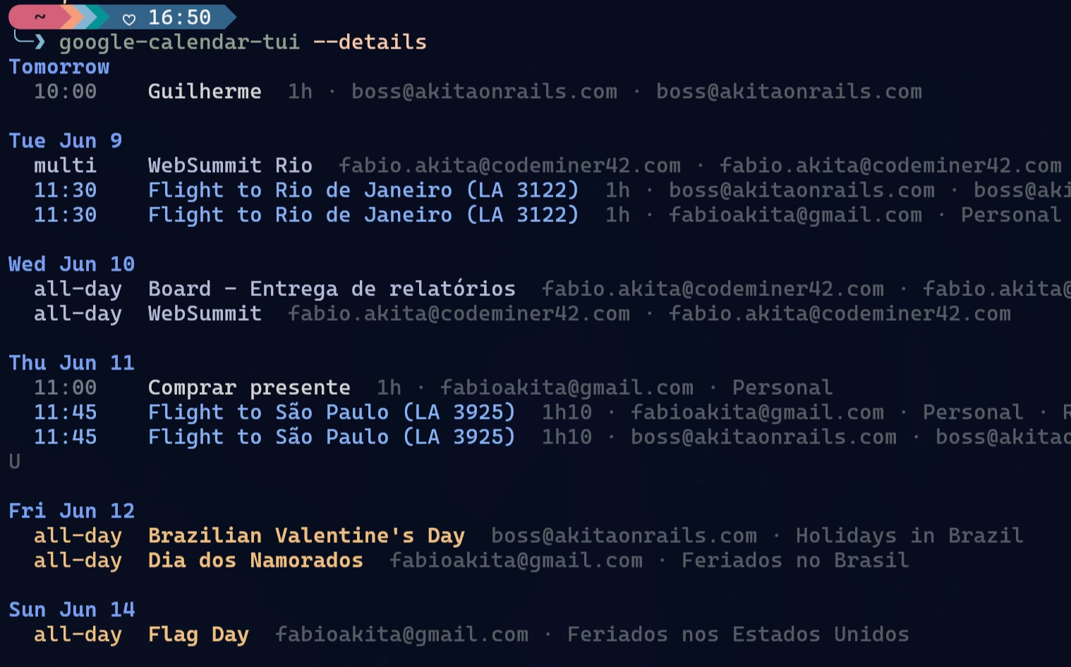 Agenda colorida do google-calendar-tui impressa direto no terminal.