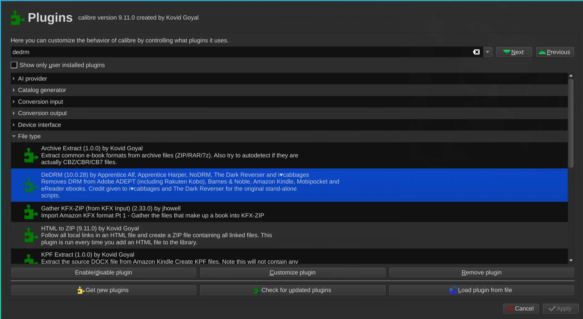 Calibre 9.11 com DeDRM 10.0.28 e KFX Input 2.33.0 instalados.