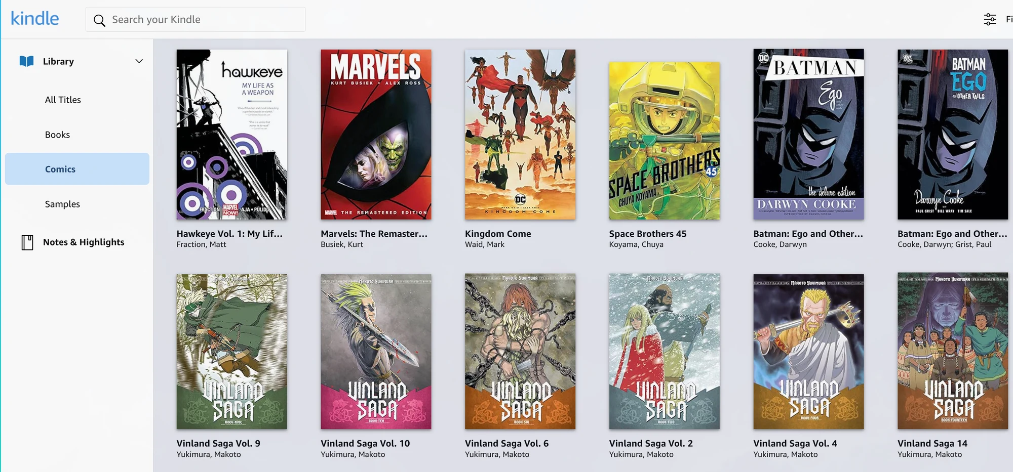 Aplicativo Kindle da Microsoft Store com os ebooks baixados na biblioteca local.