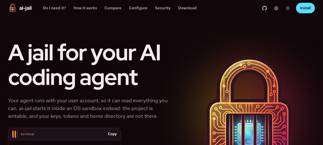 Landing page do ai-jail, um sandbox de sistema operacional pra agentes de IA